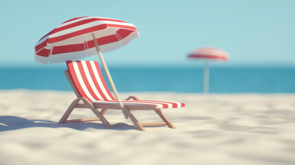 Wall Mural - serene beach scene featuring striped lounge chair and umbrella, evoking sense of relaxation and summer vibes. soft sand and calm ocean create perfect getaway atmosphere