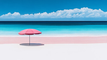 Wall Mural - serene beach scene featuring pink umbrella on pristine white sand shore, with vibrant turquoise waters and fluffy clouds in background, evokes sense of tranquility and relaxation