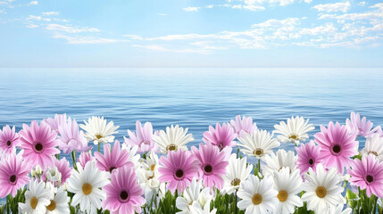 Wall Mural - serene landscape featuring vibrant pink and white flowers in foreground, with calm blue ocean and clear sky in background, evokes sense of tranquility and beauty