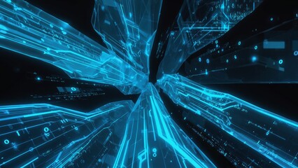 Abstract design features glowing blue lines and geometric shapes in a complex, futuristic style