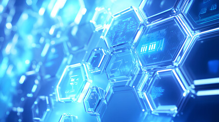 Wall Mural - blue ai text and digital icons within hexagonal elements on a white background, styled with holograp