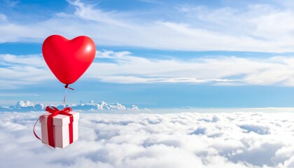 Wall Mural - red heart on the sky with heart shaped balloons with clouds and blue sky