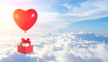 Wall Mural - red heart on the sky with heart shaped balloons with clouds and blue sky