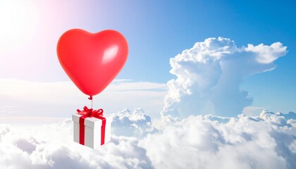 Wall Mural - red heart on the sky with heart shaped balloons with clouds and blue sky