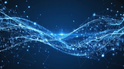 Blue digital wave flows with connecting nodes, creating abstract modern art