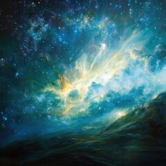 Wall Mural - cosmic nebula and starfield exploration digital art with ethereal glow and dark mountain landscape