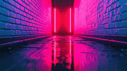 Poster - Vibrant neon alley reflecting in puddles on moody night