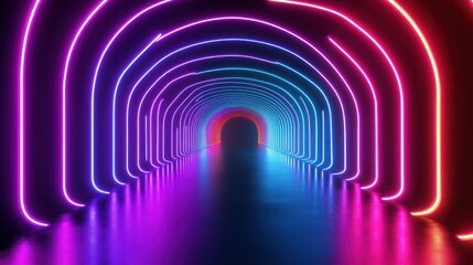 Canvas Print - neon light tunnel perspective view with vibrant colors and reflections in studio setting abstract de