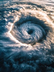 Wall Mural - Aerial View of a Powerful Hurricane Swirling Over the Ocean from Above, Dramatic Lighting, Eye of the Storm
