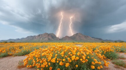 Poster - Electric Nature Dramatic Climate Crisis Visualization of Monsoon Lightning Striking Wildflower Landscape - Powerful Environmental Documentary Imagery for Global Awareness