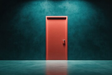 Aufkleber - Minimalist Architectural Threshold Dramatic Coral Door Reveals Liminal Space - Emerging Design Narrative of Transition, Possibility, and Intentional Workspace Transformation