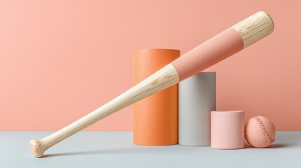 Fototapete - Minimalist Baseball Gear Showcase Soft Pastel Ergonomic Wooden Bat with Geometric Styling - Contemporary Sports Equipment Design for Digital Marketing and Brand Storytelling