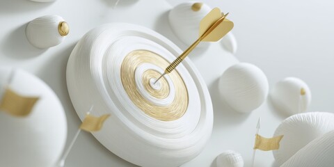 Poster - Minimalist Precision Targeting Golden Arrow Piercing Pristine White Bullseye - Strategic Performance Visualization for Modern Business Goal Achievement