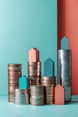 Aufkleber - Minimalist Financial Design Strategic Coin Tower Visualization with Geometric Housing Icons - Next-Gen Budgeting and Investment Insights for Digital Economy