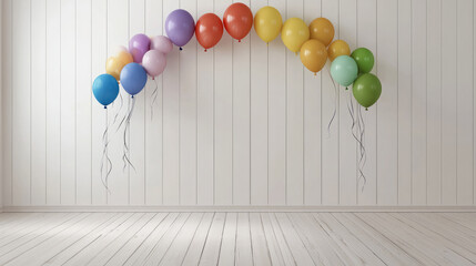 Fototapete - Rainbow balloon arch, colorful decoration, party, celebration, empty room, wooden floor, cheerful mood