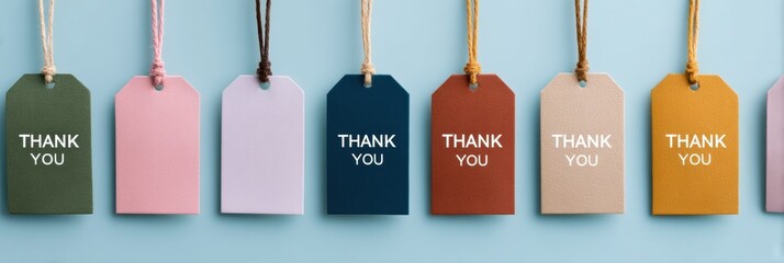 Fototapete - Minimalist Gratitude Banner Pastel Paper Tags with Empathetic THANK YOU Design - Modern Brand Communication and Customer Appreciation Visual Storytelling