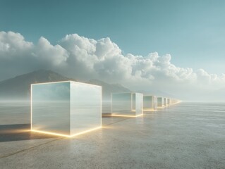 Fototapete - Ethereal Blockchain Visualization Minimalist Digital Cubes Illuminating Quantum Computing Landscape with Infinite Technological Potential and Serene Computational Horizon