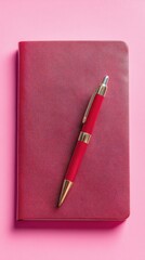 Poster - Minimalist Productivity Essentials Luxe Leather Journal and Metallic Pen on Vibrant Pink - Contemporary Workspace Design for Creative Professionals and Digital Entrepreneurs