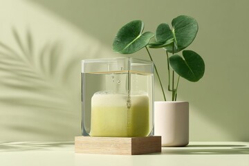 Poster - Minimalist Biophilic Design Soft Green Wellness Scene with Translucent Glass, Natural Wood, and Monstera Plant - Contemporary Sustainable Living Aesthetic