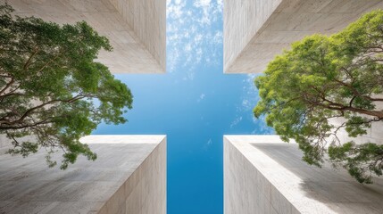 Poster - Biophilic Urban Architecture Geometric Concrete Symmetry Framing Sky and Verdant Trees - Sustainable Design Narrative for ESG Reporting and Modern Workspace Innovation
