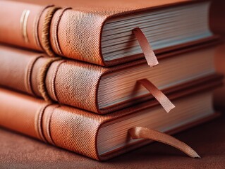 Poster - Vintage Terracotta Library Collection Tactile Hardcover Book Stack with Elegant Ribbon Markers - Timeless Knowledge Preservation for Modern Learners