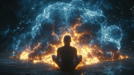 mindful meditation in a cosmic energy field: a contemplative figure meditates peacefully, surrounded