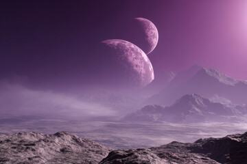 Wall Mural - two moons rise over extraterrestrial valley with mist and mountains. surreal alien planet with twin 