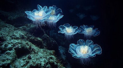 Poster - Dark underwater trench filled with glowing bioluminescent plankton their soft light illuminating the deep sea environment