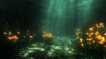 Poster - Deep sea biome with bioluminescent creatures swimming through the dark ocean their bodies emitting vivid light creating a magical underwater display