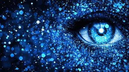 Wall Mural - close up of a blue eye with glittery bokeh effect in a dark setting artistic concept