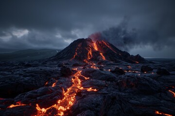 Aufkleber - Eruption Under a Gloomy Sky: A Volcano's Fiery Display of Molten Lava Flowing Through a Black Landscape