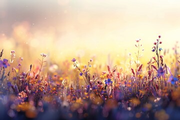 Aufkleber - Golden Hour Meadow: A Symphony of Wildflowers Bathed in Warm Light, Inviting Serenity and Peace.