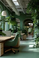 Aufkleber - Green Oasis Office: A Biophilic Design with Natural Light, Desk Spaces, and Abundant Plants Creating a Tranquil Workspace