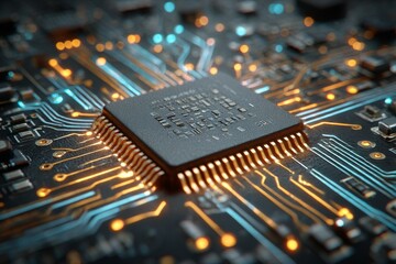 Leinwandbilder - Integrated Circuit Macro: Close-Up of a CPU Chip on a Complex Motherboard with Illuminated Pathways