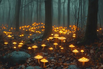 Poster - Forest filled with glowing bioluminescent mushrooms casting soft light across the forest floor in a mystical dreamlike scene