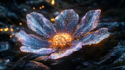 Poster - Glowing alien flower with bioluminescent petals illuminating the surrounding area casting light on a dark rocky terrain