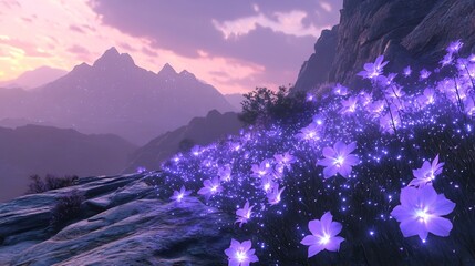 Poster - Glowing alien plant sprouting bioluminescent flowers casting soft light across the rocky terrain in a remote otherworldly landscape