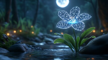 Poster - Glowing bioluminescent flower blooming under a full moon casting soft light in a dark forested environment
