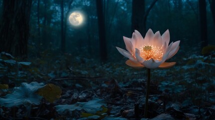 Poster - Glowing bioluminescent flower blooming under a full moon casting soft light in a dark forested environment