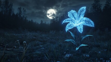 Poster - Glowing bioluminescent flower blooming under a full moon casting soft light in a dark forested environment