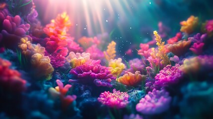 Poster - Glowing bioluminescent reef ecosystem in the deep sea colorful corals illuminated by glowing marine life soft light spreading through the water