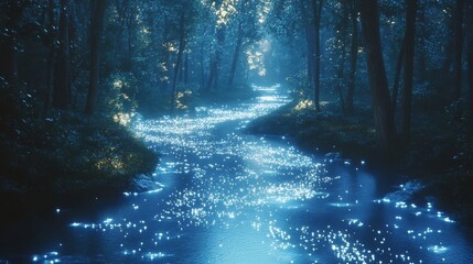 Poster - Glowing bioluminescent river running through an alien jungle the water sparkling with soft light against the dark backdrop