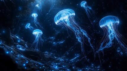Poster - Glowing bioluminescent underwater world with glowing jellyfish floating above the seafloor casting light through the dark ocean depths