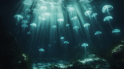 Poster - Glowing bioluminescent underwater world with glowing jellyfish floating above the seafloor casting light through the dark ocean depths