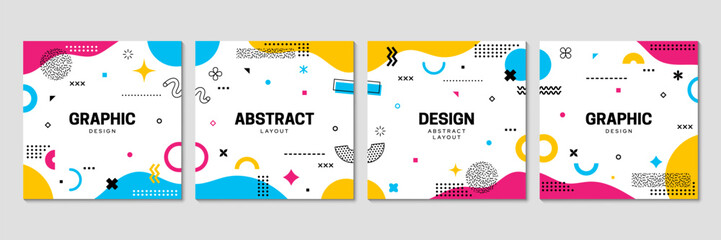 memphis square cover layout brochure with vector pattern of abstract geometric shapes and modern gra