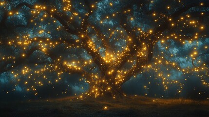 Poster - Group of bioluminescent fireflies illuminating the branches of an ancient alien tree creating a magical light show in the dark