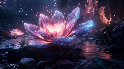 Poster - Large glowing bioluminescent flower in the center of an alien forest casting a radiant light on its surroundings