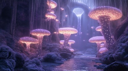Poster - Submerged alien city with bioluminescent coral structures and aquatic life glowing in the depths creating an ethereal light show