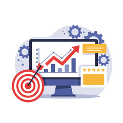 Flat vector icon illustrating SEO audit and analysis with a computer, growth chart, target, arrow, gears, and star ratings. Website optimization and performance concept
