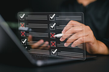 Leinwandbilder - Check the checkbox and complete the online form. Fill out online surveys, answer quiz questions. Online assessment and survey concept.